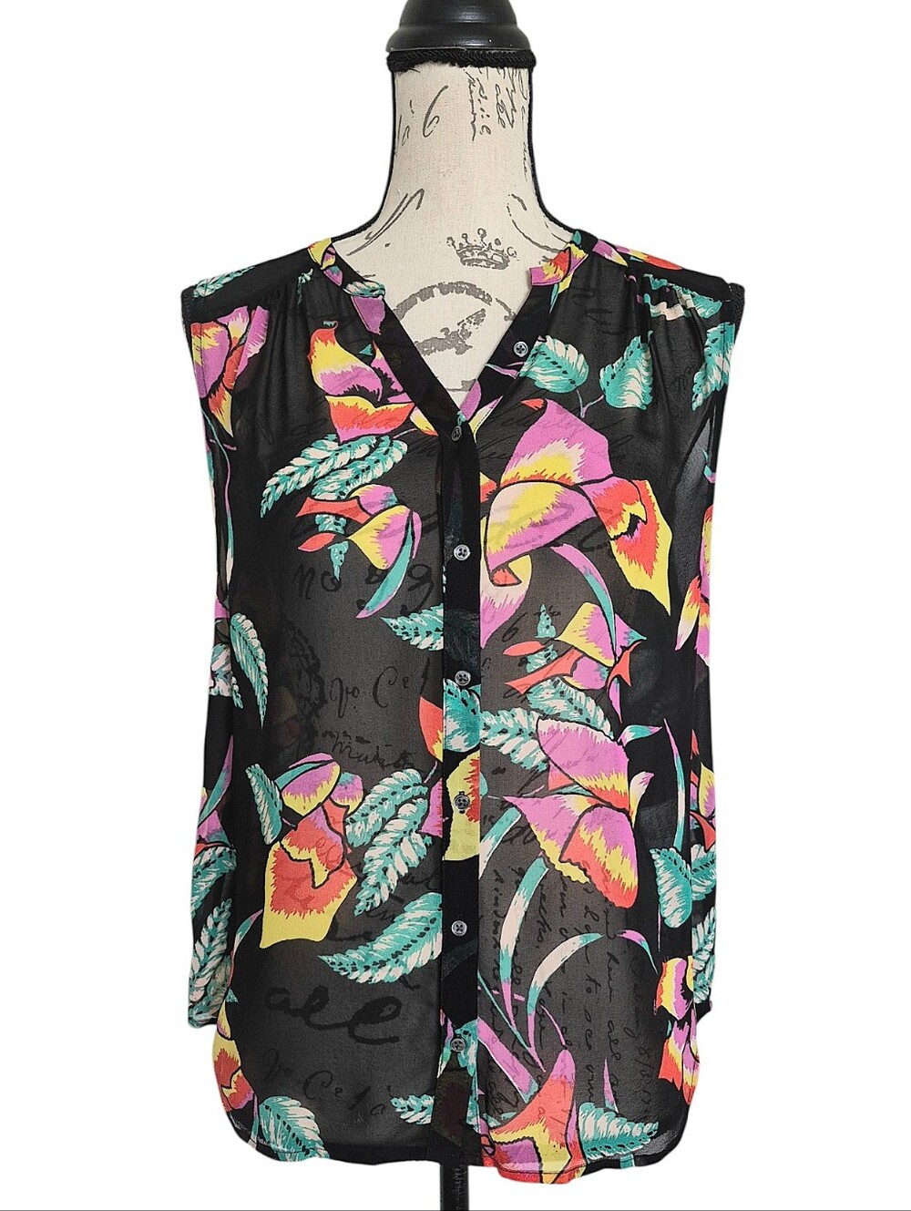 Joie 100% Silk Black Floral Sheer Button Blouse S Finnegan Sleeveless Resort